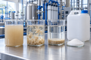 Muestras de agua con turbidez, formación de flóculos y sólidos sedimentados en laboratorio.